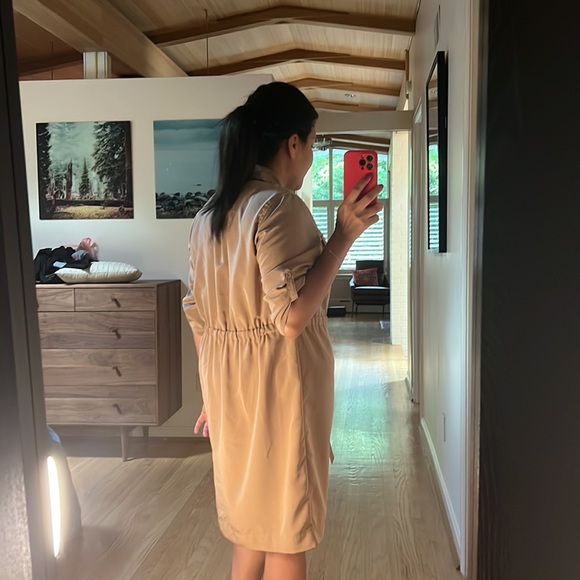 Military button khaki lightweight dress w/pockets, attached drawstring belt L - Picture 4 of 7